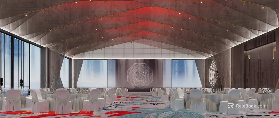 Elegant Banquet Hall Interior With Red Ceiling Lights White Chairs And Colorful Patterned Carpet 3d model 