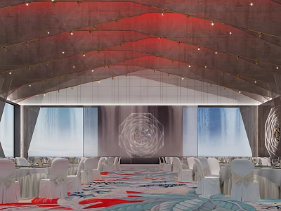 Elegant Banquet Hall Interior With Red Ceiling Lights White Chairs And Colorful Patterned Carpet 3d model