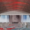 Elegant Banquet Hall Interior With Red Ceiling Lights White Chairs And Colorful Patterned Carpet