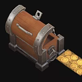Open Wooden Treasure Chest With Metal Accents And Gold Coins Alongside Red Gemstone