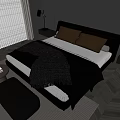 Contemporary Double Bed With Dark Headboard Brown Pillows Cozy Blanket Nightstand And Wooden Floor