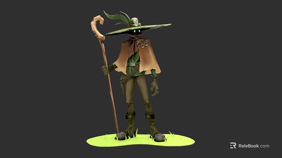 Game Movie Character With Wide Brimmed Hat Green Ornaments Skull Wooden Staff Cloak On Grass 3d model 