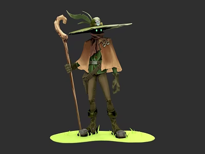 Game Movie Character With Wide Brimmed Hat Green Ornaments Skull Wooden Staff Cloak On Grass 3d model