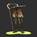 Game Movie Character With Wide Brimmed Hat Green Ornaments Skull Wooden Staff Cloak On Grass