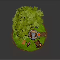 Rustic Outdoor Scene With Green Tree Telescope Target Tools And Circular Grass Base