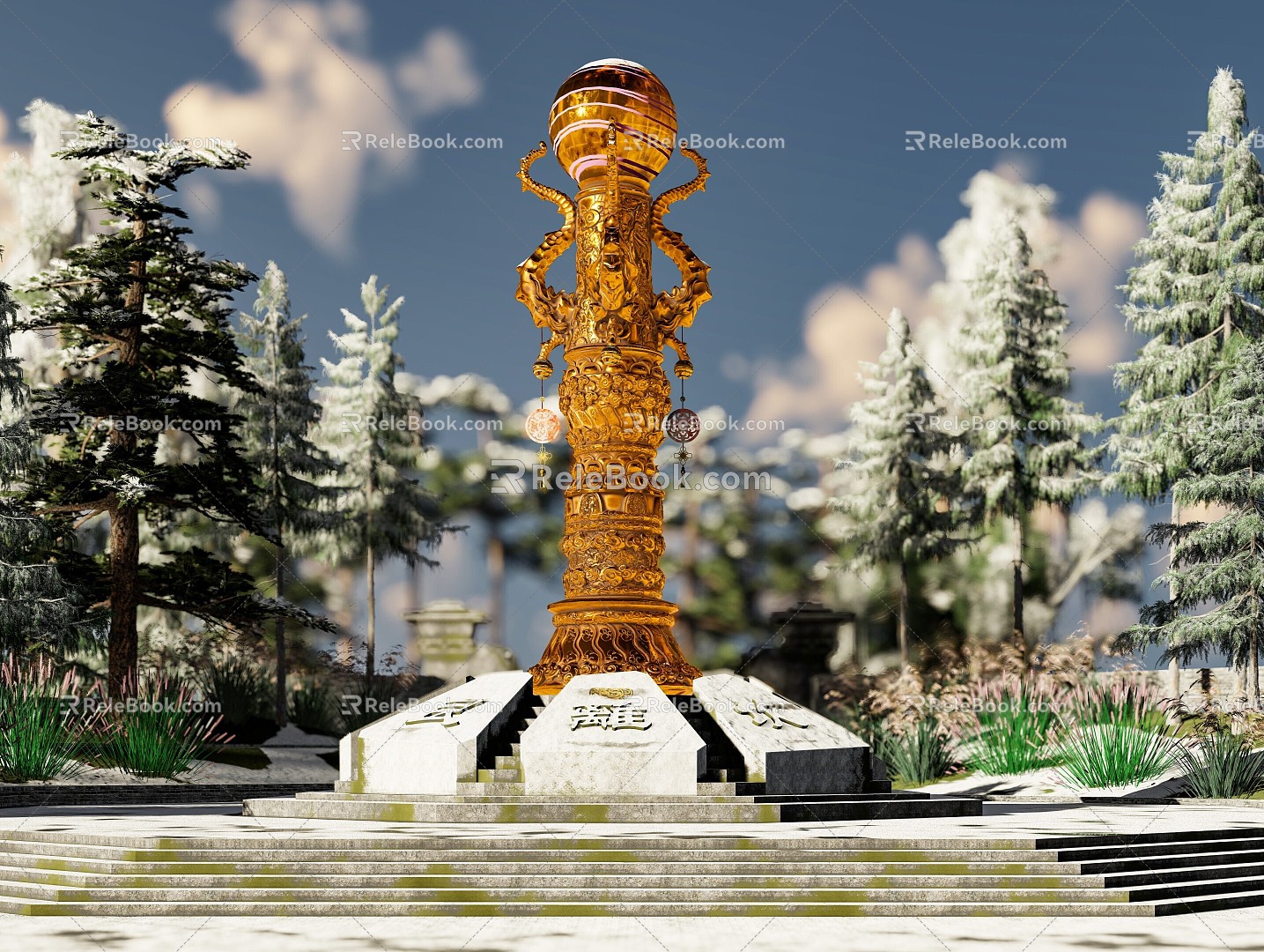 Chinese Panlong Moire Pillar Etiquette Pillar Square Pillar 3d model