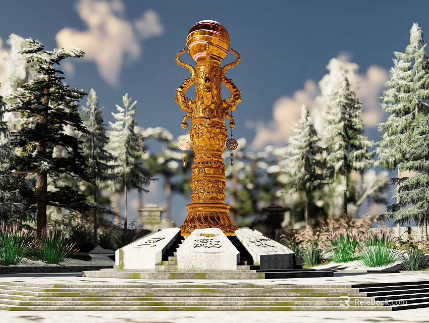 Golden Columnar Landscape Sculpture Surrounded by Pine Trees Blue Sky and Stone Steps 3d model 