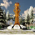 Golden Columnar Landscape Sculpture Surrounded by Pine Trees Blue Sky and Stone Steps