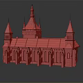 Ancient Medieval Stone Building With Gray Roof Arched Windows Towers And Spires