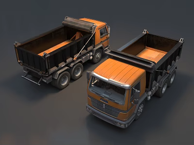 Two Orange Black Heavy Duty Dump Trucks with Open Cargo Beds and Metal Frames 3d model