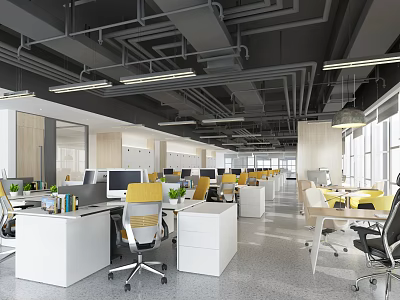 Modern Public Office Space With Open Layout Yellow Chairs White Desks Computers And Natural Light 3d model