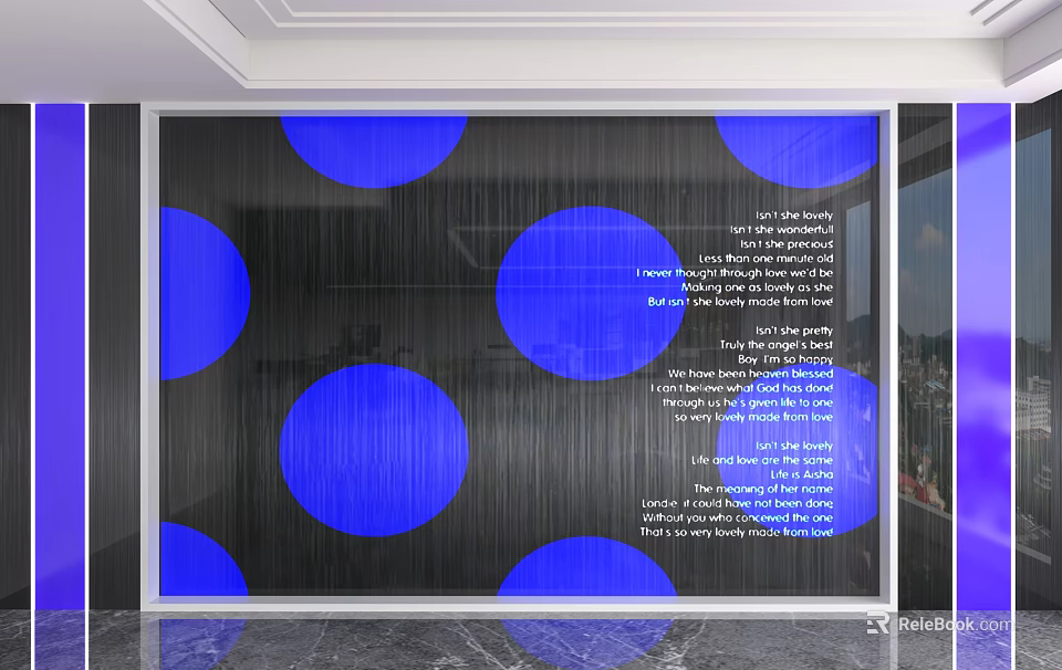 Modern Background Wall Design With Blue Circles And Text Elements 3d model 