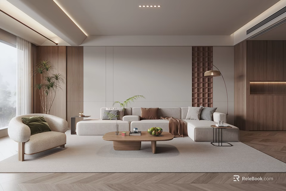 Modern Living Room Featuring L Shaped Sofa Wooden Coffee Table Green Plants And Herringbone Floor 3d model 