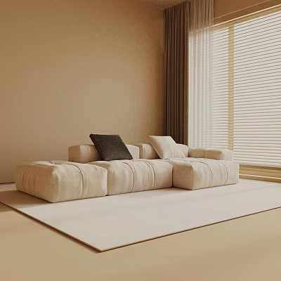 Beige Three Seater Sofa With Cushions In Living Room Interior With Window Blinds And Rug 3d model