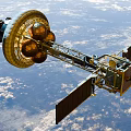 Advanced Satellite With Solar Panels Orbiting Earth In Outer Space