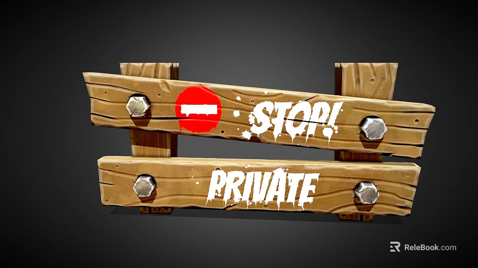 Wooden Fence Structure With Red Stop Sign Private Text And Metal Bolts 3d model 