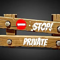 Wooden Fence Structure With Red Stop Sign Private Text And Metal Bolts