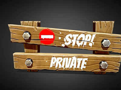 Wooden Fence Structure With Red Stop Sign Private Text And Metal Bolts 3d model