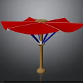 Red Outdoor Umbrella With Wooden Pole And Multi Panel Canopy Design