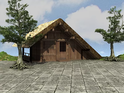 Traditional Thatched House with Wooden Structure and Thatched Roof Near Trees on Stone Pavement Area 3d model