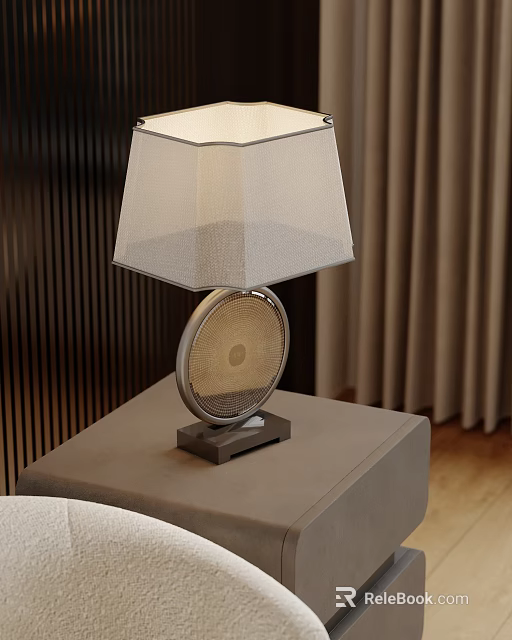 Modern Table Lamp With Metal Base Circular Stem And Light Fabric Lampshade On Bedside Table 3d model 