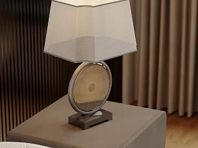 Modern Table Lamp With Metal Base Circular Stem And Light Fabric Lampshade On Bedside Table 3d model