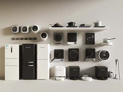 Modern Kitchen Daily Appliances Display With Refrigerators Rice Cookers And Coffee Makers 3d model