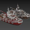 Two Distinct Boats Red Tugboat And Dark Old Vessel With Crane And Lifebuoys