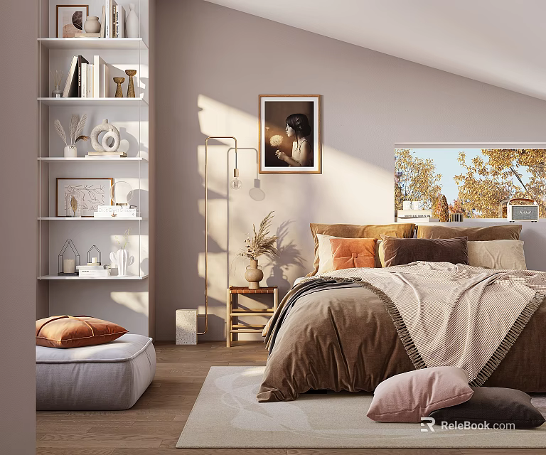 Cozy Bedroom Interior With Comfortable Bed Bookshelf Decorative Painting And Natural Light 3d model 