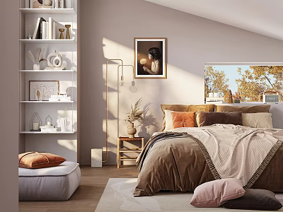 Cozy Bedroom Interior With Comfortable Bed Bookshelf Decorative Painting And Natural Light 3d model