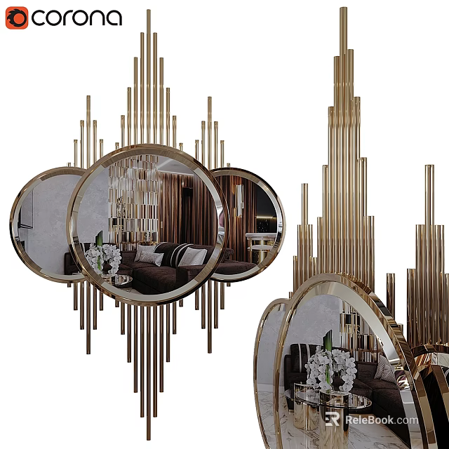 Modern Luxury Decorative Mirror With Golden Geometric Frame And Interior Reflection 3d model