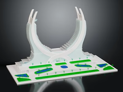 Arch Shaped White Architectural Model With Green Landscaped Areas And Blue Water Features 3d model