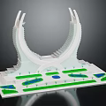 Arch Shaped White Architectural Model With Green Landscaped Areas And Blue Water Features