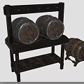 Vintage Wooden Barrels Stored On Rustic Rack With Small Decorative Barrel