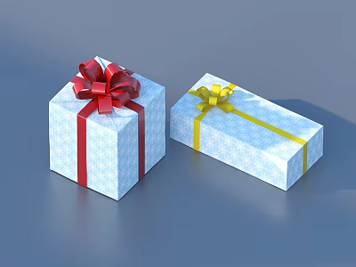 Blue Patterned Gift Boxes With Red And Yellow Bows For Daily Use 3d model