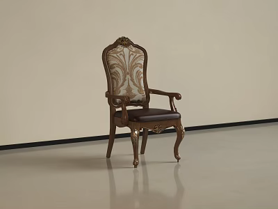 Traditional Wooden Dining Chair With Carved Backrest Floral Pattern Fabric Armrests And Curved Legs 3d model