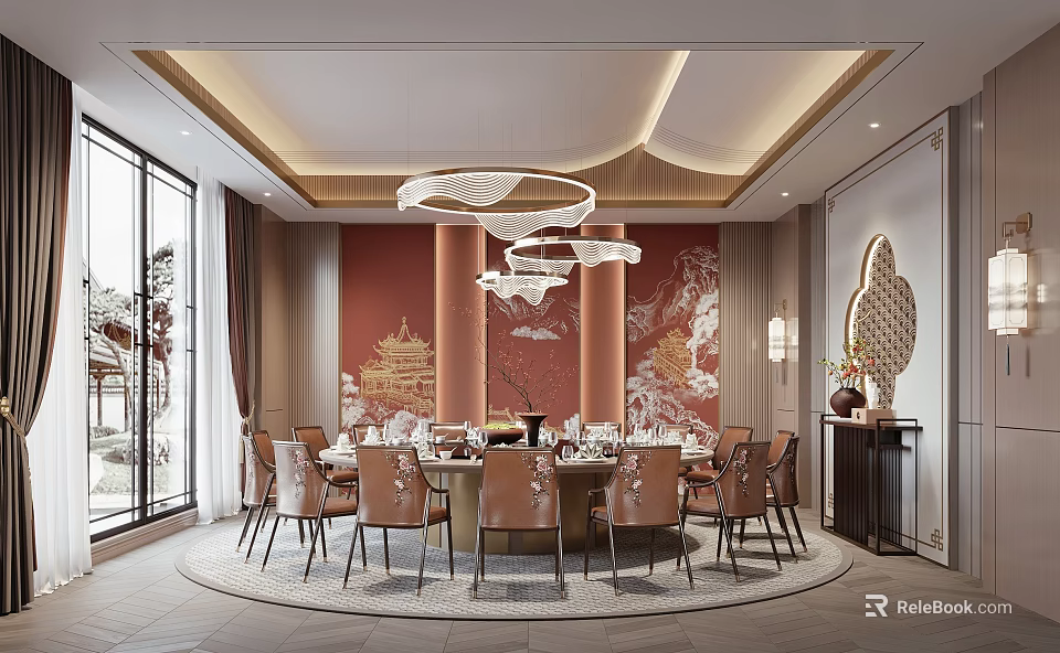 Chinese Style Private Dining Room With Red Decorative Wall Round Table And Elegant Chandelier 3d model 