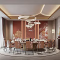 Chinese Style Private Dining Room With Red Decorative Wall Round Table And Elegant Chandelier