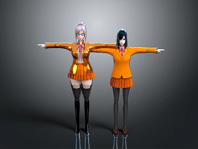 Two Female Characters in Orange School Uniforms with Pink Black Hair Short Skirts Arms Outstretched Standing 3d model