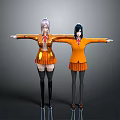 Two Female Characters in Orange School Uniforms with Pink Black Hair Short Skirts Arms Outstretched Standing