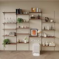 Modern Wall Mounted Shelving Unit With Books Potted Plants Decorative Vases Photo Frame And Sculptures