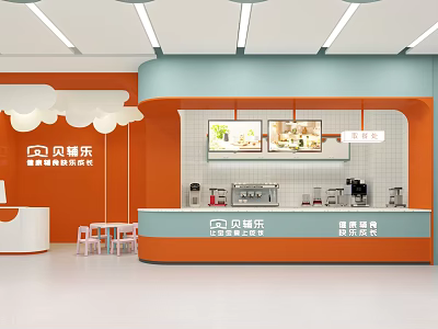 Bright Modern Restaurant Interior With Orange Blue Counter Seating And Menu Displays 3d model