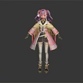 3D Model Game Anime Character With Blue Purple Hair In Pink Coat And Black Skirt