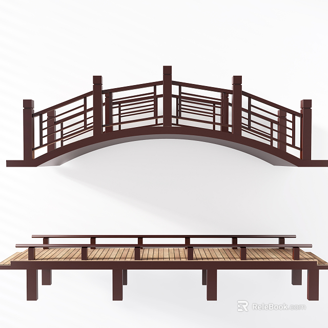Traditional Wooden Arch Bridge With Intricate Railings And Smooth Deck Design 3d model 