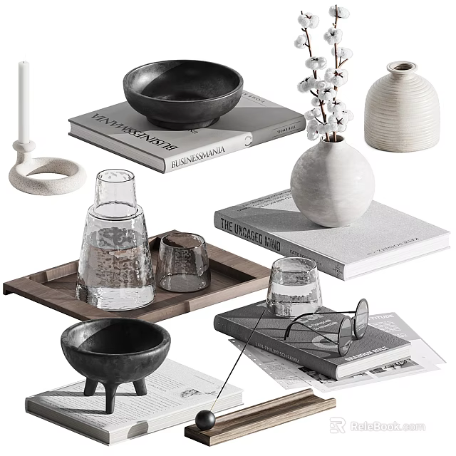 Stylish Decorative Ornament Set with Black Bowls White Vases Books Tray Glass Cups and Eyeglasses 3d model 