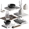 Stylish Decorative Ornament Set with Black Bowls White Vases Books Tray Glass Cups and Eyeglasses