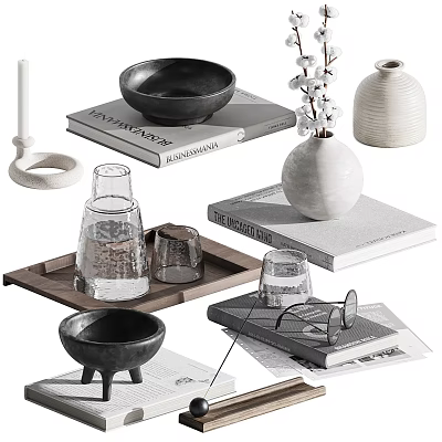 Stylish Decorative Ornament Set with Black Bowls White Vases Books Tray Glass Cups and Eyeglasses 3d model