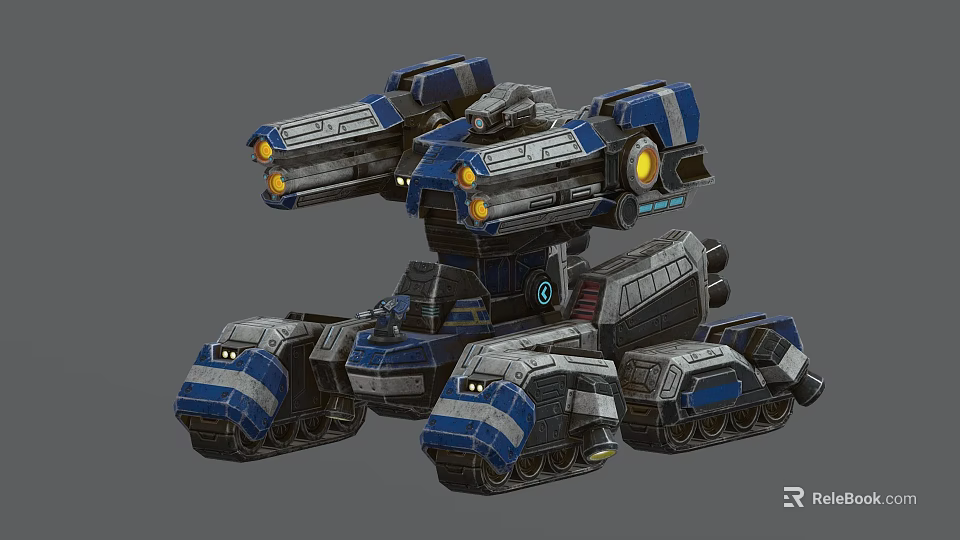 Futuristic Tank With Multiple Cannons Glowing Yellow Lights Blue Gray Color Scheme And Mechanical Tracks 3d model 