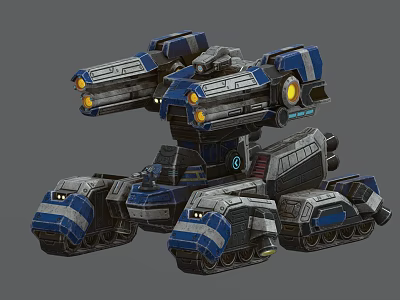 Futuristic Tank With Multiple Cannons Glowing Yellow Lights Blue Gray Color Scheme And Mechanical Tracks 3d model