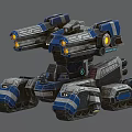 Futuristic Tank With Multiple Cannons Glowing Yellow Lights Blue Gray Color Scheme And Mechanical Tracks